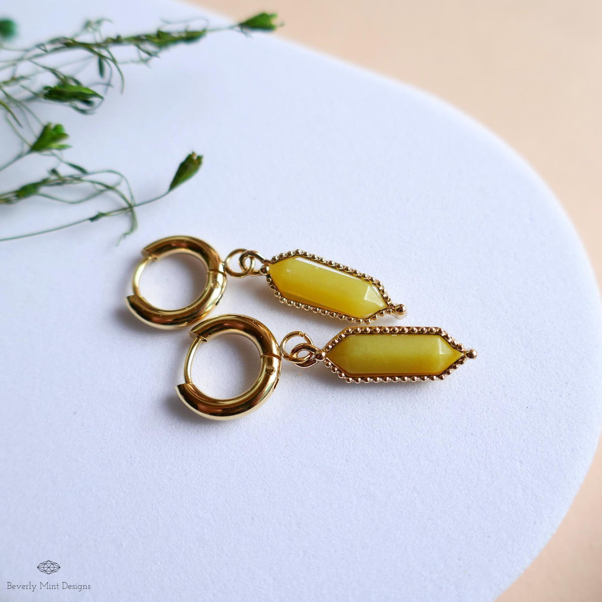 Natural Stone Earrings Gold Huggie Earrings Korean Jade Dangle Earrings , Yellow Boho Drop Earrings Minimalist Stone Jewelry