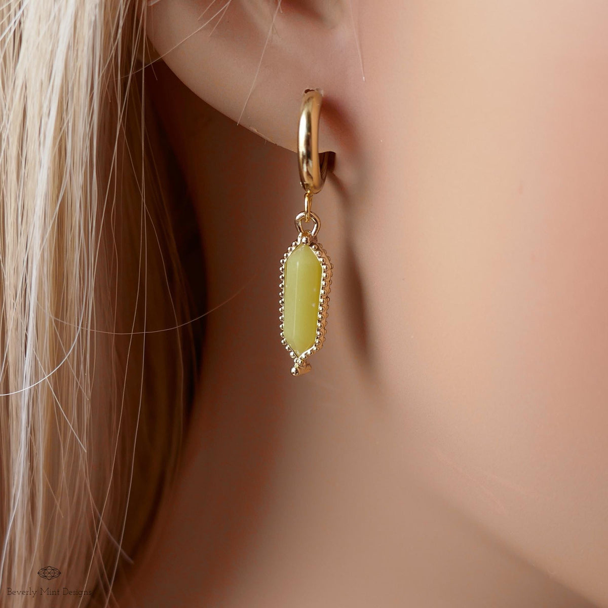 Natural Stone Earrings Gold Huggie Earrings Korean Jade Dangle Earrings , Yellow Boho Drop Earrings Minimalist Stone Jewelry