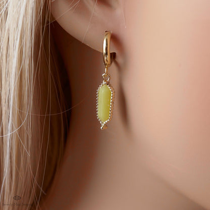 Natural Stone Earrings Gold Huggie Earrings Korean Jade Dangle Earrings , Yellow Boho Drop Earrings Minimalist Stone Jewelry