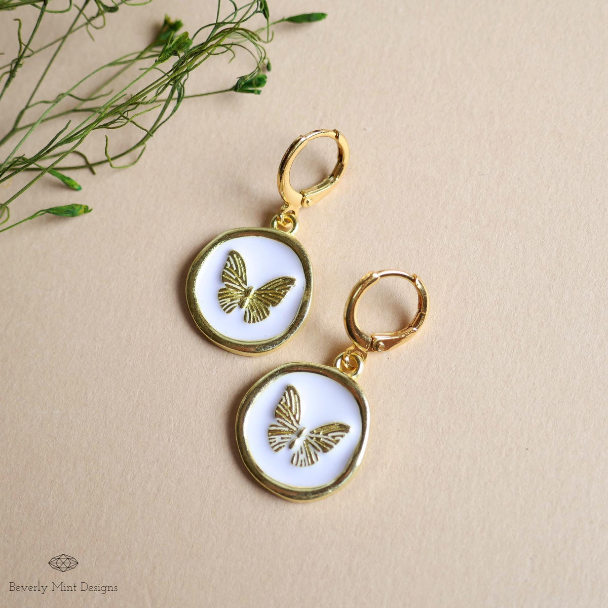 Butterfly Enamel Charm Earrings, White and Gold Dangle Earrings, Handmade Vintage Butterfly Jewelry, Sensitive Ear & Clip-On Options