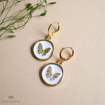 Butterfly Enamel Charm Earrings, White and Gold Dangle Earrings, Handmade Vintage Butterfly Jewelry, Sensitive Ear & Clip-On Options