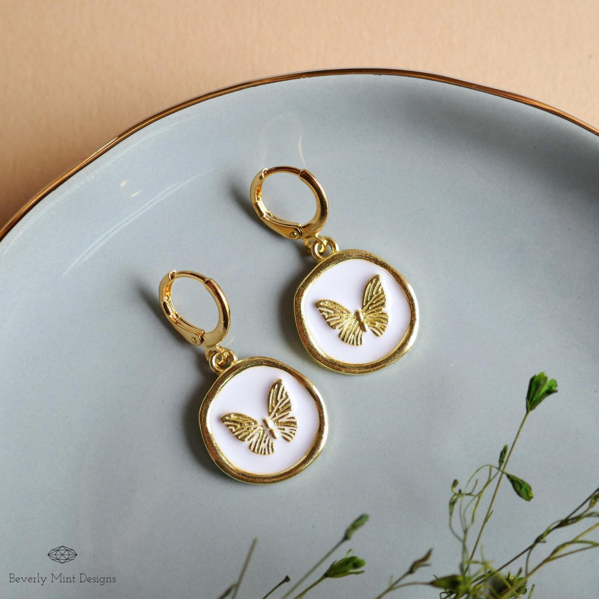 Butterfly Enamel Charm Earrings, White and Gold Dangle Earrings, Handmade Vintage Butterfly Jewelry, Sensitive Ear & Clip-On Options