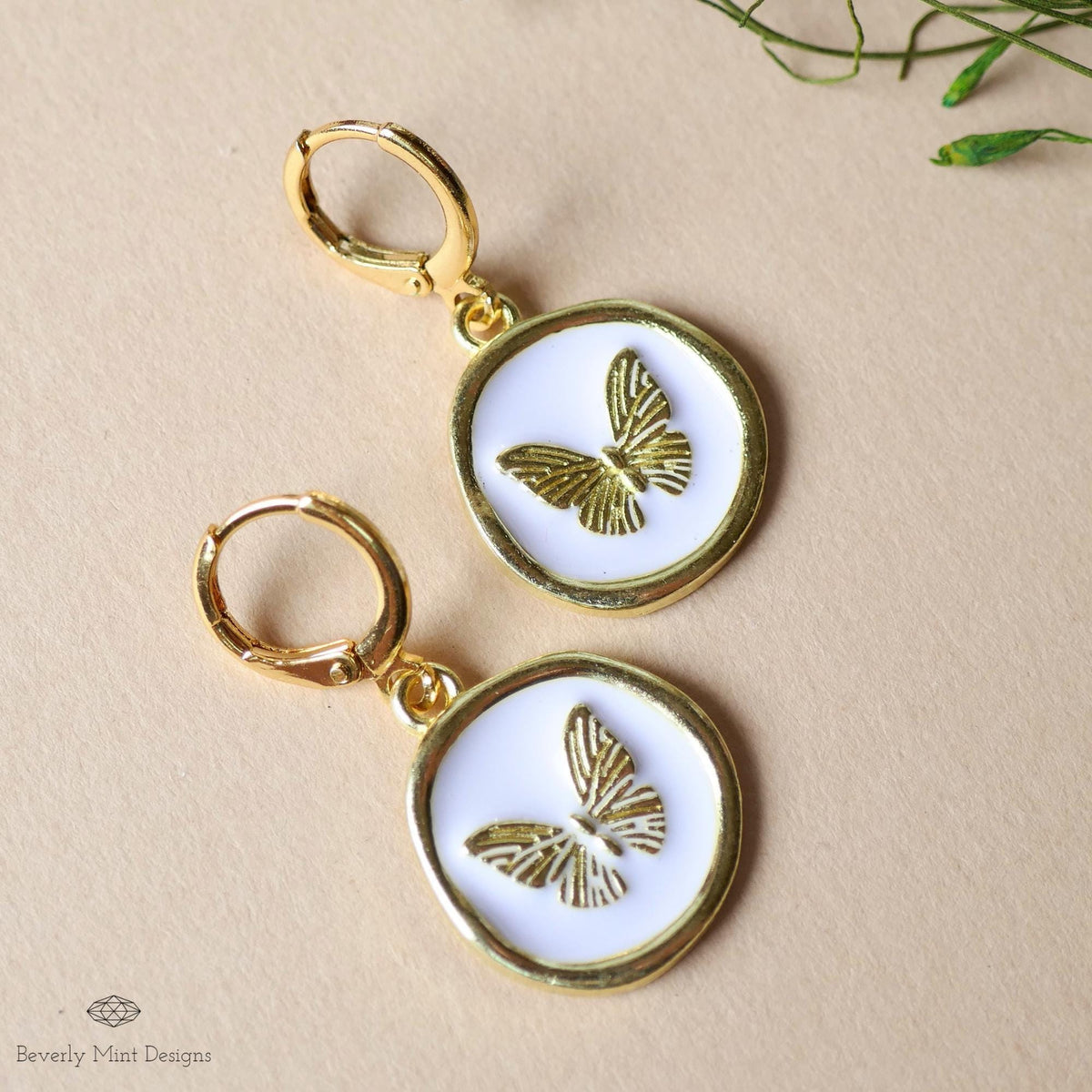 Butterfly Enamel Charm Earrings, White and Gold Dangle Earrings, Handmade Vintage Butterfly Jewelry, Sensitive Ear & Clip-On Options