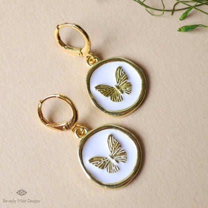 Butterfly Enamel Charm Earrings, White and Gold Dangle Earrings, Handmade Vintage Butterfly Jewelry, Sensitive Ear & Clip-On Options