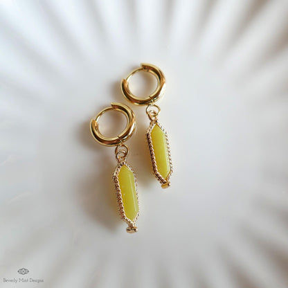 Natural Stone Earrings Gold Huggie Earrings Korean Jade Dangle Earrings , Yellow Boho Drop Earrings Minimalist Stone Jewelry