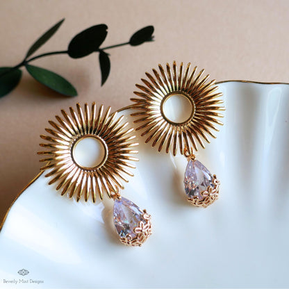 Sunburst Crystal Drop Earrings – Gold Statement Earrings with Teardrop Zircon, Art Deco Wedding Jewelry, Vintage Glam