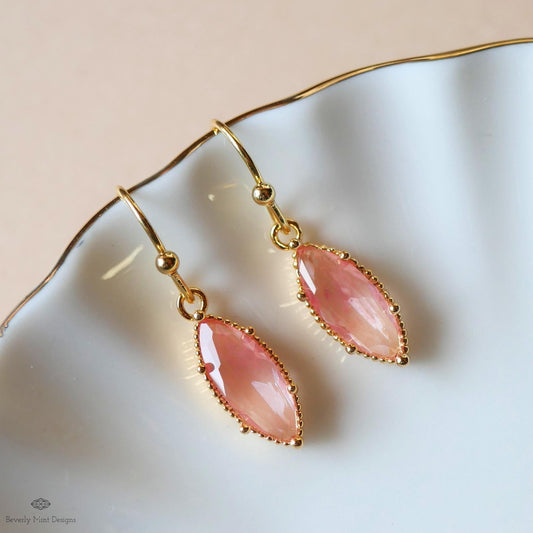 Peach Pink Drop Earrings Marquise Dangle Earrings Gold Hook Earrings Sparkly Minimal Jewelry Romantic, Sensitive Ear & Clip-On Options