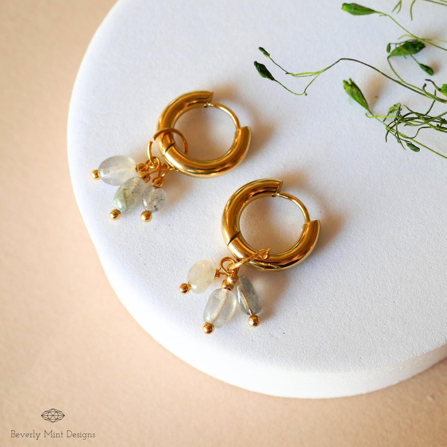 Gold Hoop Earrings with Natural Stone Charms , Gold Huggie Hoops, Minimalist Boho Jewelry , Handmade Dangle Earrings