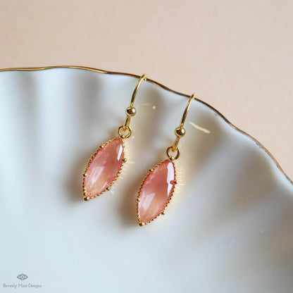 Peach Pink Drop Earrings Marquise Dangle Earrings Gold Hook Earrings Sparkly Minimal Jewelry Romantic, Sensitive Ear & Clip-On Options