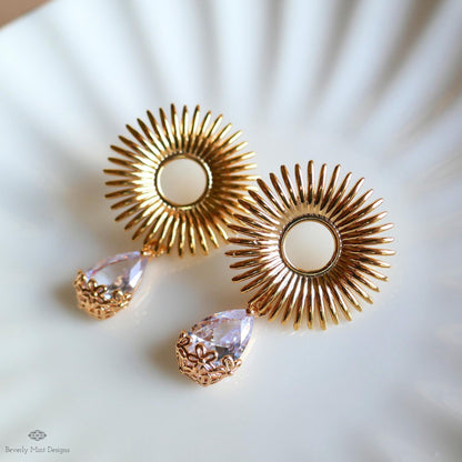 Sunburst Crystal Drop Earrings – Gold Statement Earrings with Teardrop Zircon, Art Deco Wedding Jewelry, Vintage Glam
