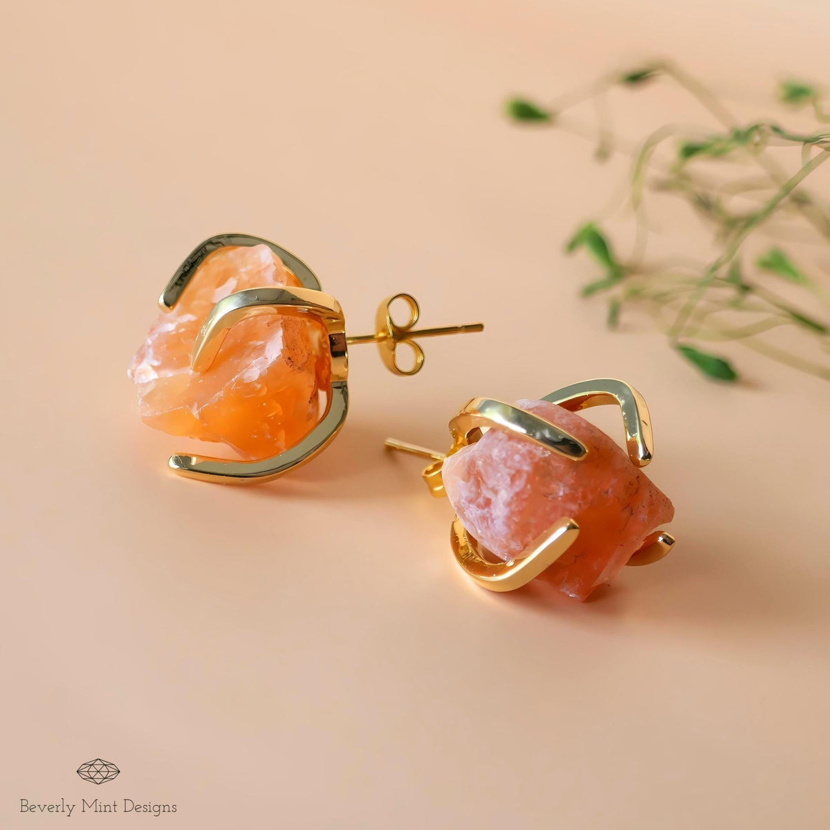 Red Agate Stud Earrings with 18K Gold, Red Orange Stone Earrings, 1/2 -3/4 inches, Natural Raw Stone, Chakra Stone