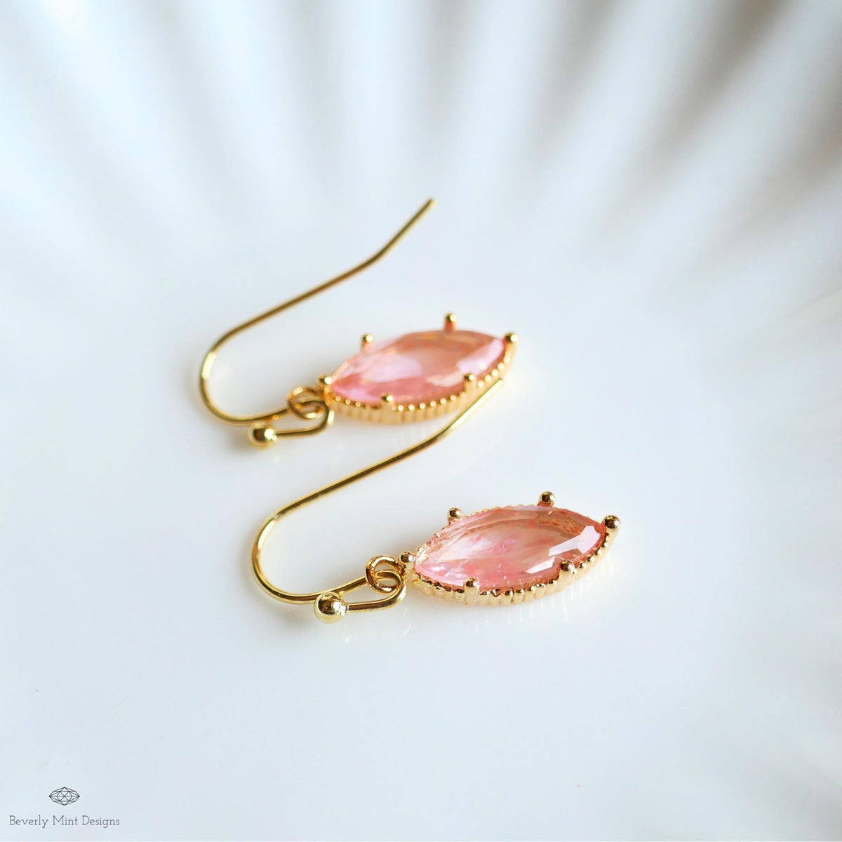 Peach Pink Drop Earrings Marquise Dangle Earrings Gold Hook Earrings Sparkly Minimal Jewelry Romantic, Sensitive Ear & Clip-On Options