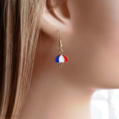 Patriotic Umbrella Earrings, Red White Blue Dangle Jewelry, USA 4th of July Earrings, Sensitive Ear & Clip-On Options