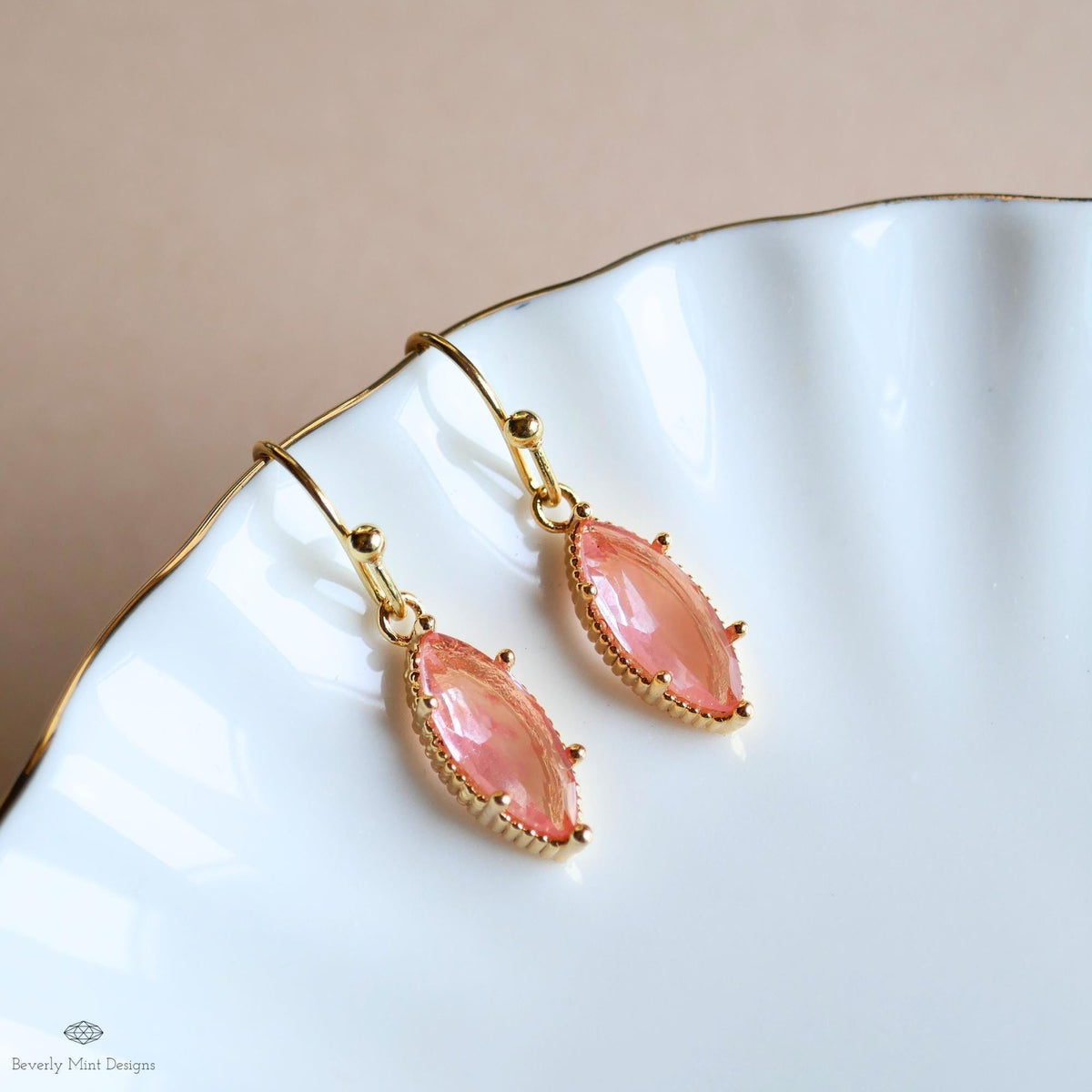 Peach Pink Drop Earrings Marquise Dangle Earrings Gold Hook Earrings Sparkly Minimal Jewelry Romantic, Sensitive Ear & Clip-On Options