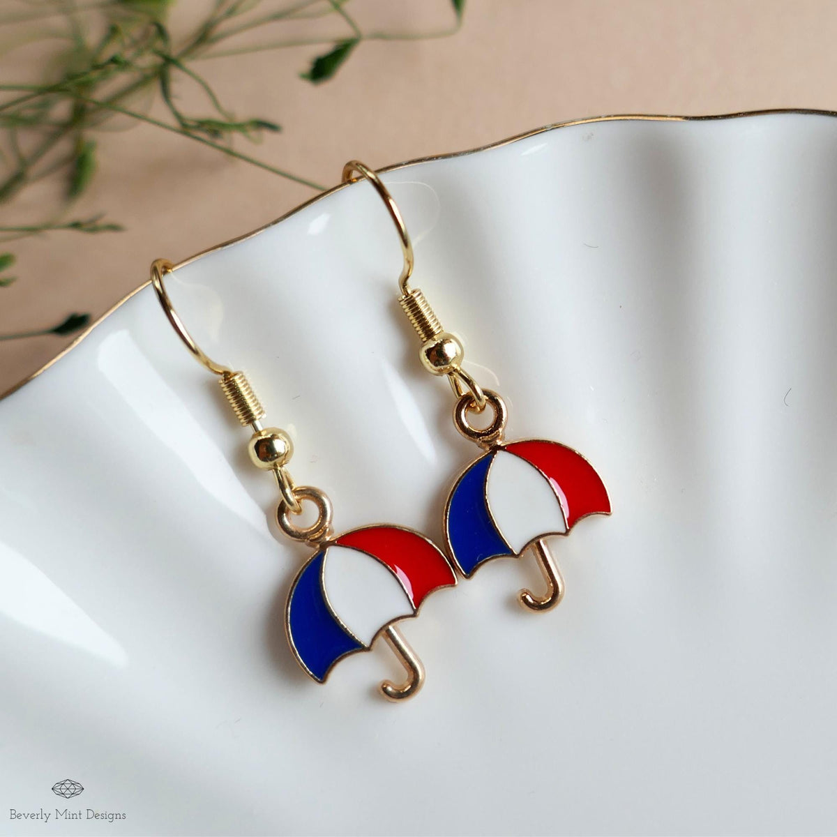 Patriotic Umbrella Earrings, Red White Blue Dangle Jewelry, USA 4th of July Earrings, Sensitive Ear & Clip-On Options
