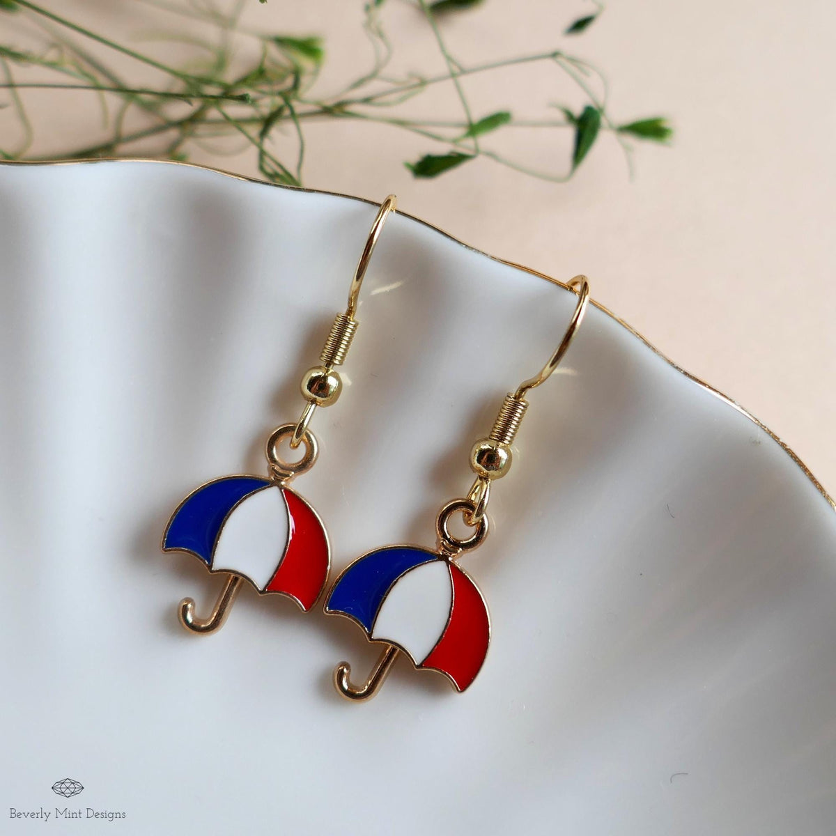 Patriotic Umbrella Earrings, Red White Blue Dangle Jewelry, USA 4th of July Earrings, Sensitive Ear & Clip-On Options