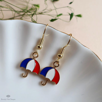 Patriotic Umbrella Earrings, Red White Blue Dangle Jewelry, USA 4th of July Earrings, Sensitive Ear & Clip-On Options