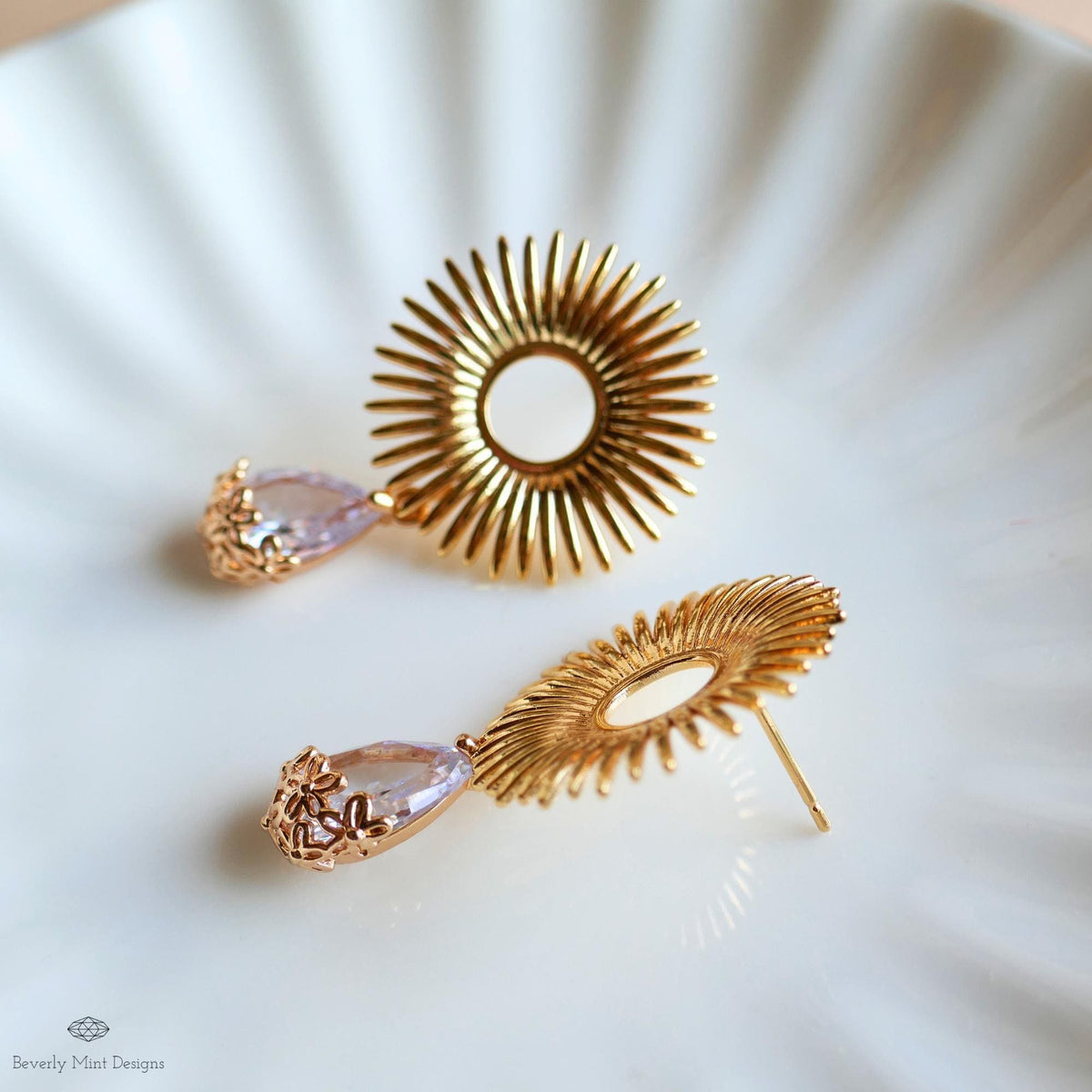 Sunburst Crystal Drop Earrings – Gold Statement Earrings with Teardrop Zircon, Art Deco Wedding Jewelry, Vintage Glam
