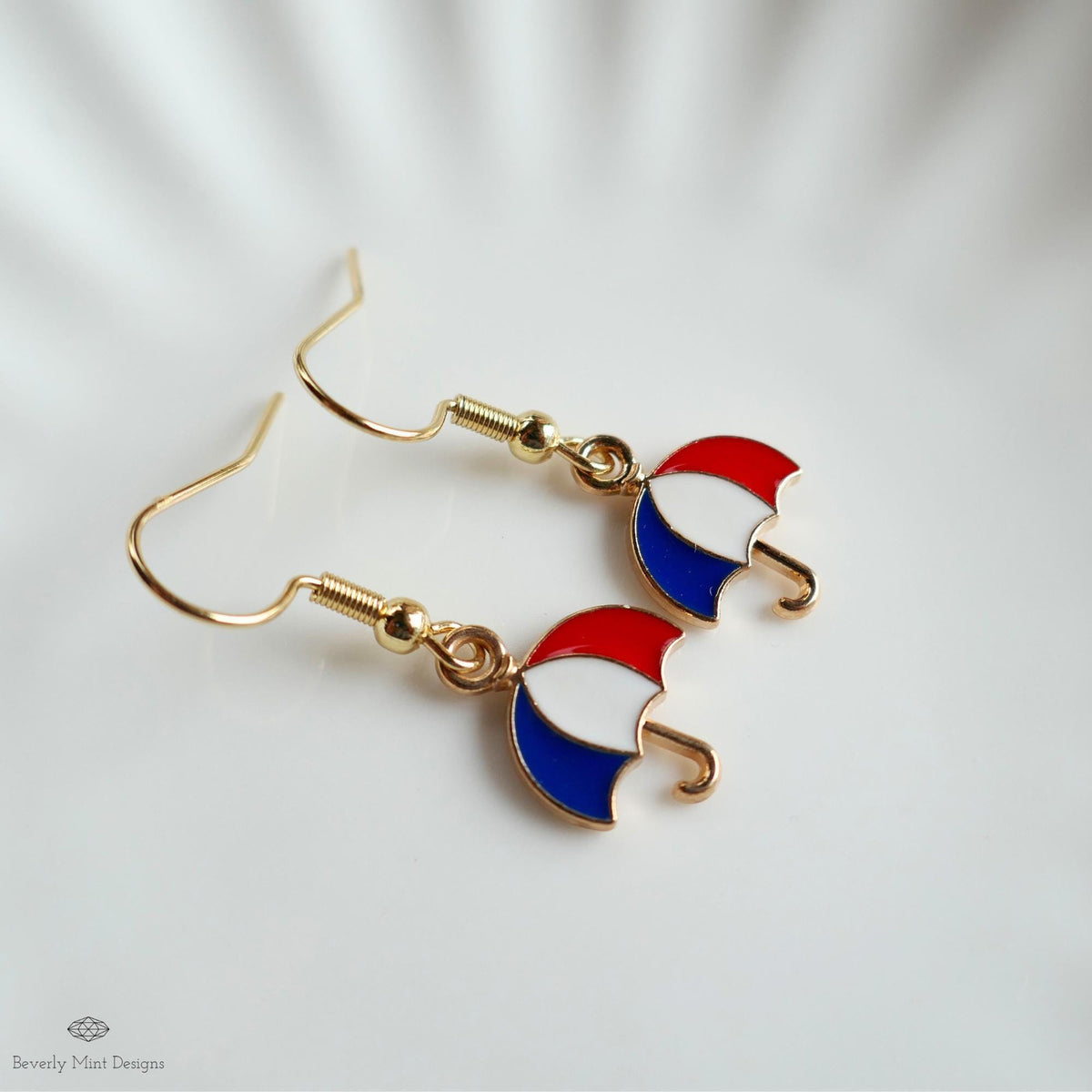 Patriotic Umbrella Earrings, Red White Blue Dangle Jewelry, USA 4th of July Earrings, Sensitive Ear & Clip-On Options
