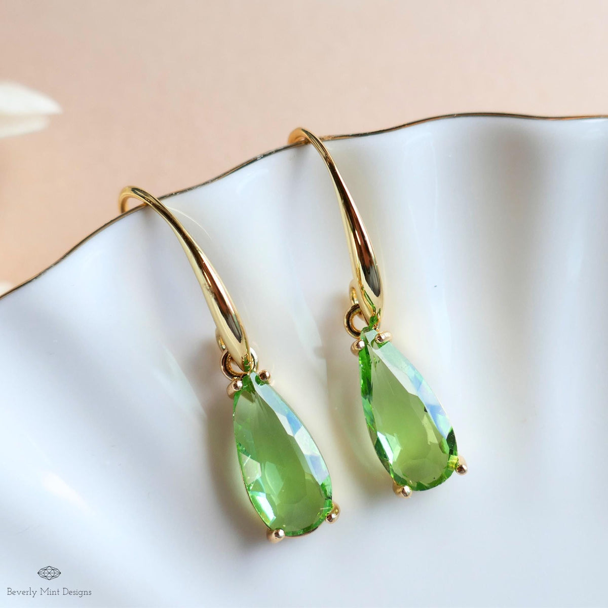 Green Teardrop Earrings, Gold Hook Dangle, Crystal Drop Earrings, Light Green Jewelry, Sensitive Ear & Clip-On Options
