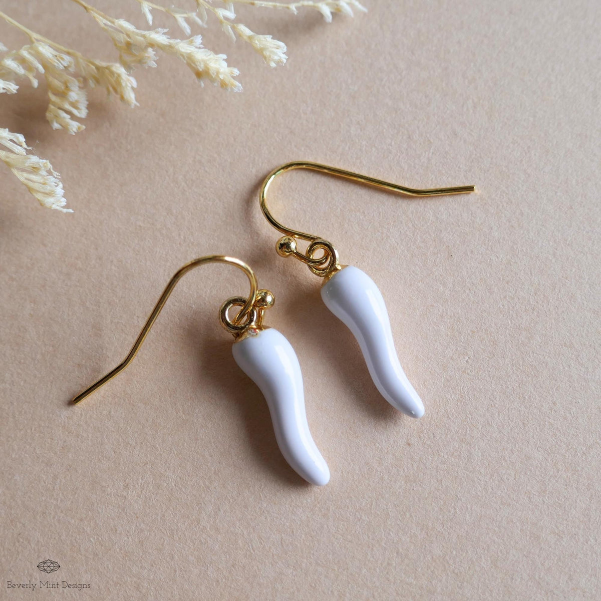 Chili Pepper Earrings, White Pepper Dangle, Gold Hook Earrings, Fun Earrings, Spicy Statement Earrings, Sensitive Ear & Clip-On Options