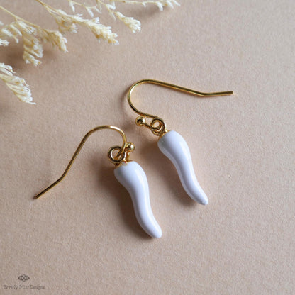 Chili Pepper Earrings, White Pepper Dangle, Gold Hook Earrings, Fun Earrings, Spicy Statement Earrings, Sensitive Ear & Clip-On Options
