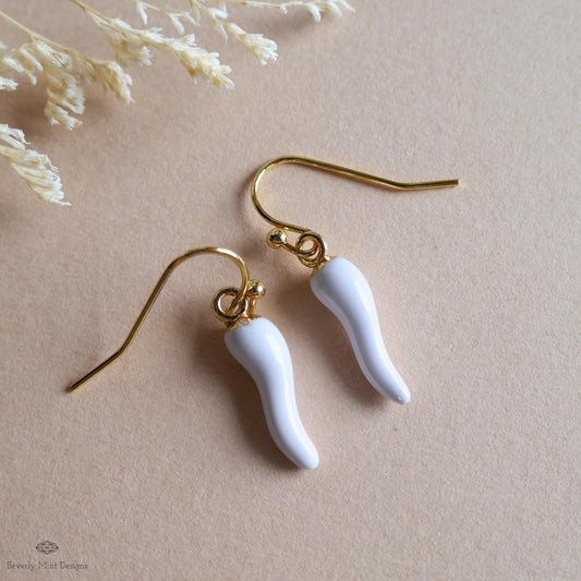 Chili Pepper Earrings, White Pepper Dangle, Gold Hook Earrings, Fun Earrings, Spicy Statement Earrings, Sensitive Ear & Clip-On Options