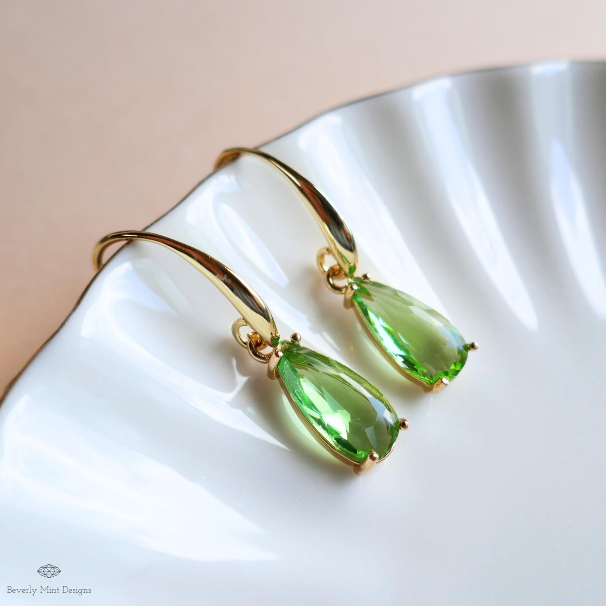 Green Teardrop Earrings, Gold Hook Dangle, Crystal Drop Earrings, Light Green Jewelry, Sensitive Ear & Clip-On Options