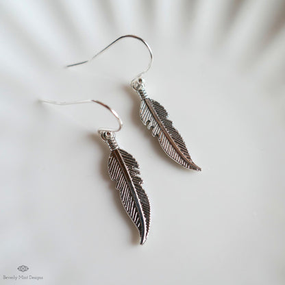 Silver Feather Earrings, Dainty Boho Dangle, Lightweight Hook Earrings, Nature Inspired Jewelry, Minimalist, Sensitive Ear & Clip-On Options