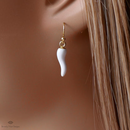 Chili Pepper Earrings, White Pepper Dangle, Gold Hook Earrings, Fun Earrings, Spicy Statement Earrings, Sensitive Ear & Clip-On Options