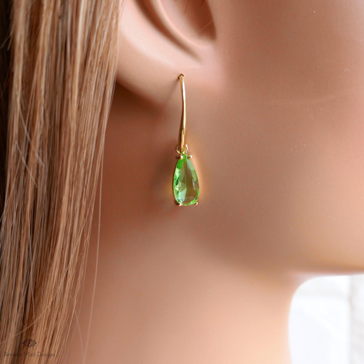 Green Teardrop Earrings, Gold Hook Dangle, Crystal Drop Earrings, Light Green Jewelry, Sensitive Ear & Clip-On Options