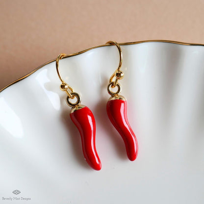 Red Chili Pepper Earrings, Red Pepper Dangle, Gold Hook Earrings, Fun Earrings, Spicy Statement Earrings, Sensitive Ear & Clip-On Options