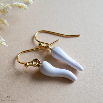 Chili Pepper Earrings, White Pepper Dangle, Gold Hook Earrings, Fun Earrings, Spicy Statement Earrings, Sensitive Ear & Clip-On Options