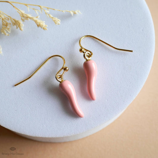 Chili Pepper Earrings, Light Pink Pepper Dangle, Gold Hook Earrings, Fun Earrings, Spicy Statement Earrings, Sensitive Ear & Clip-On Options