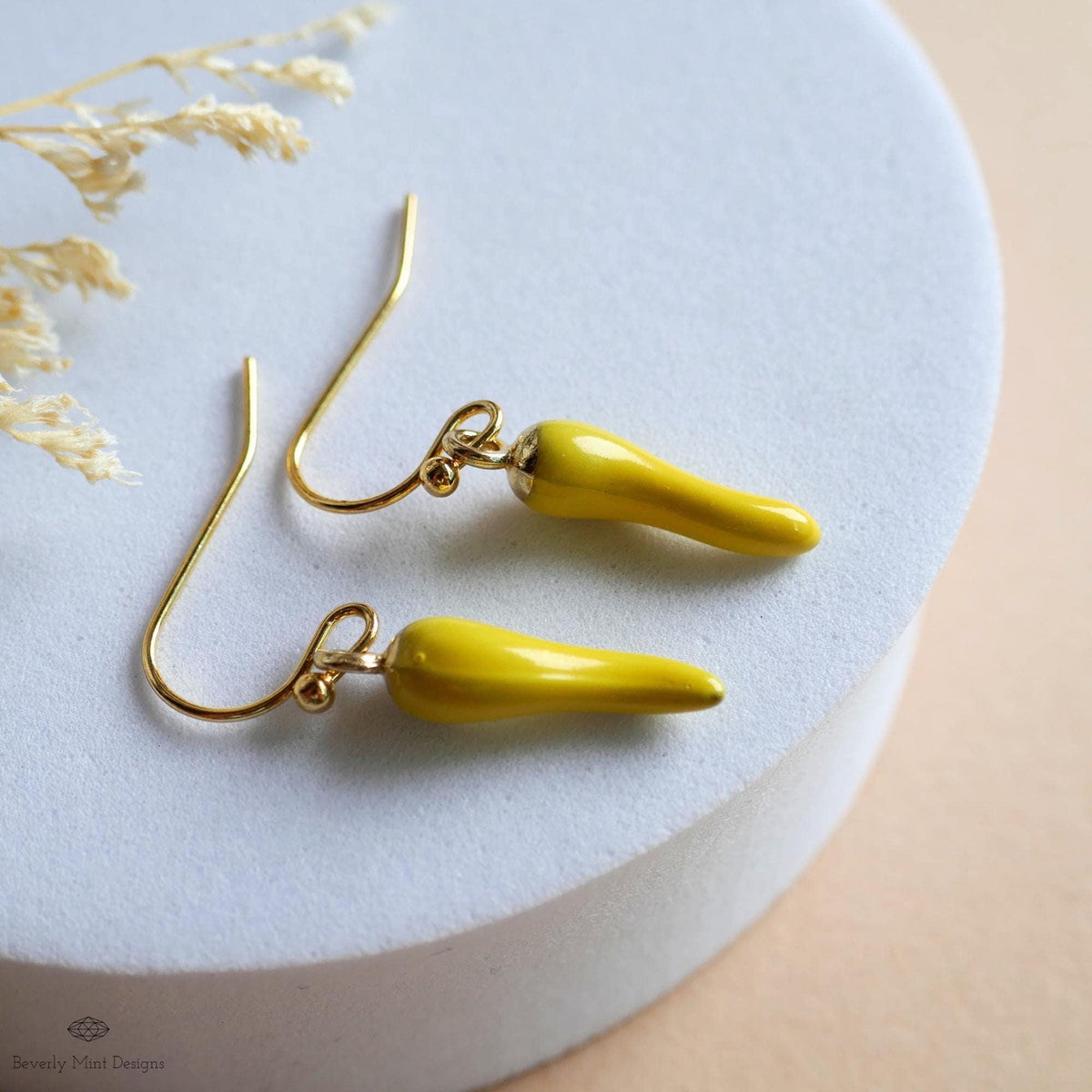 Chili Pepper Earrings, Yellow Pepper Dangle, Gold Hook Earrings, Fun Earrings, Spicy Statement Earrings, Sensitive Ear & Clip-On Options