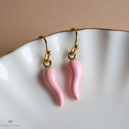 Chili Pepper Earrings, Light Pink Pepper Dangle, Gold Hook Earrings, Fun Earrings, Spicy Statement Earrings, Sensitive Ear & Clip-On Options