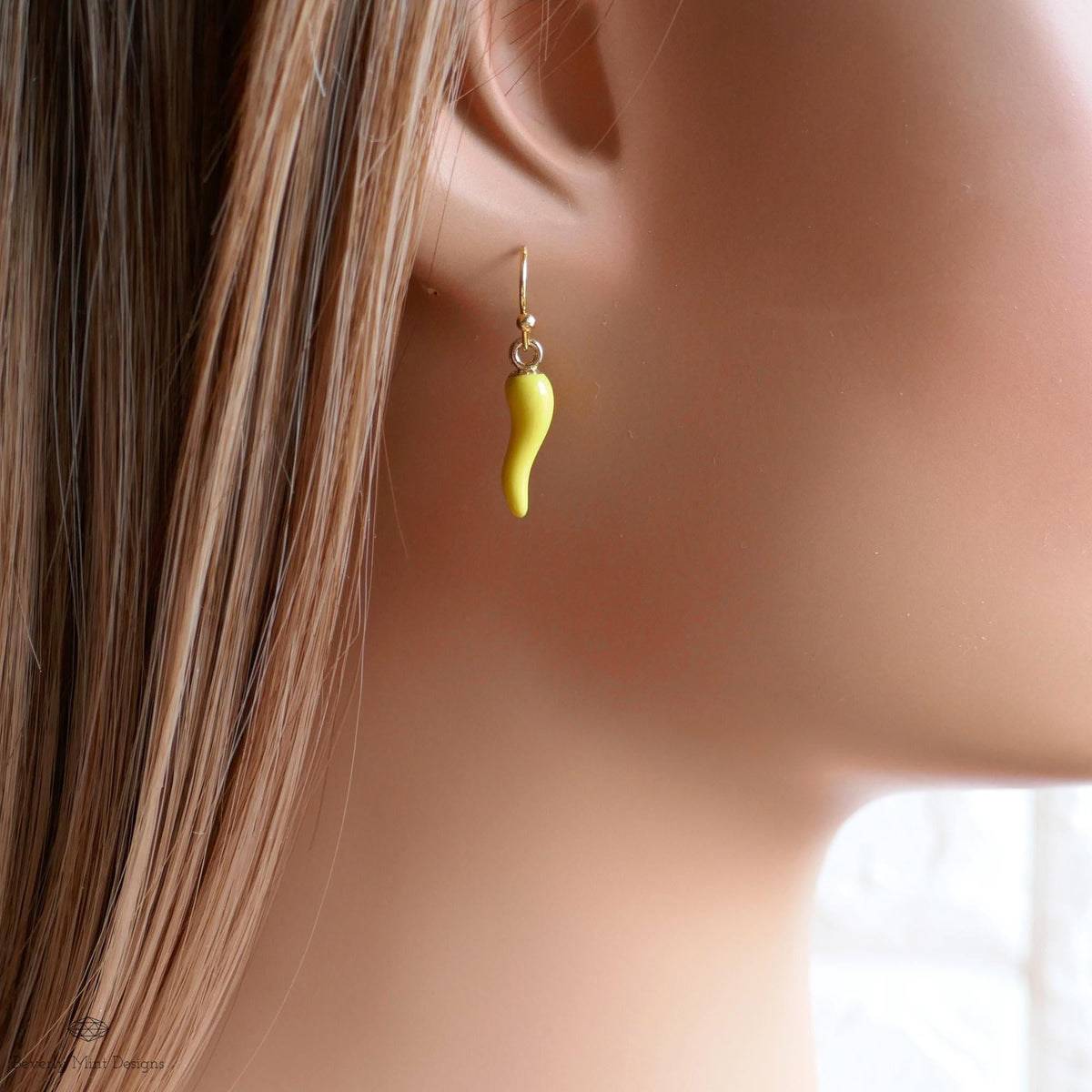 Chili Pepper Earrings, Yellow Pepper Dangle, Gold Hook Earrings, Fun Earrings, Spicy Statement Earrings, Sensitive Ear & Clip-On Options