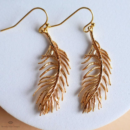 Gold Feather Earrings, Dainty Boho Dangle, Lightweight Hook Earrings, Nature Inspired Jewelry, Minimalist, Sensitive Ear & Clip-On Options