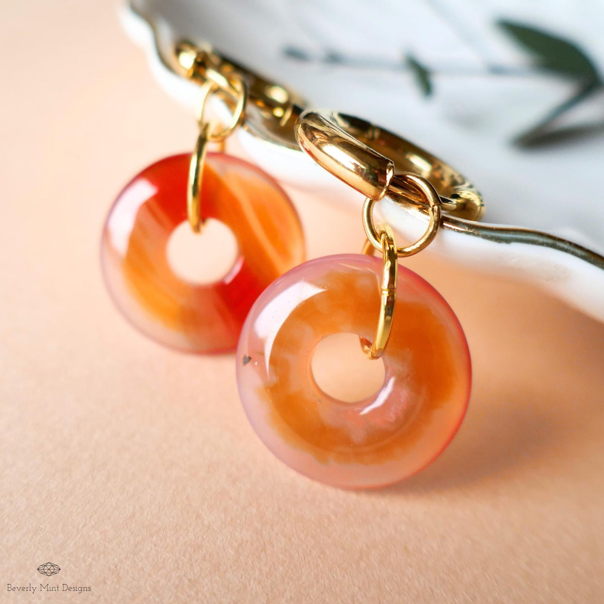 Red Agate Donut Earrings, Chunky Gold Hoops, Natural Stone Jewelry, Orange Dangle Earrings,