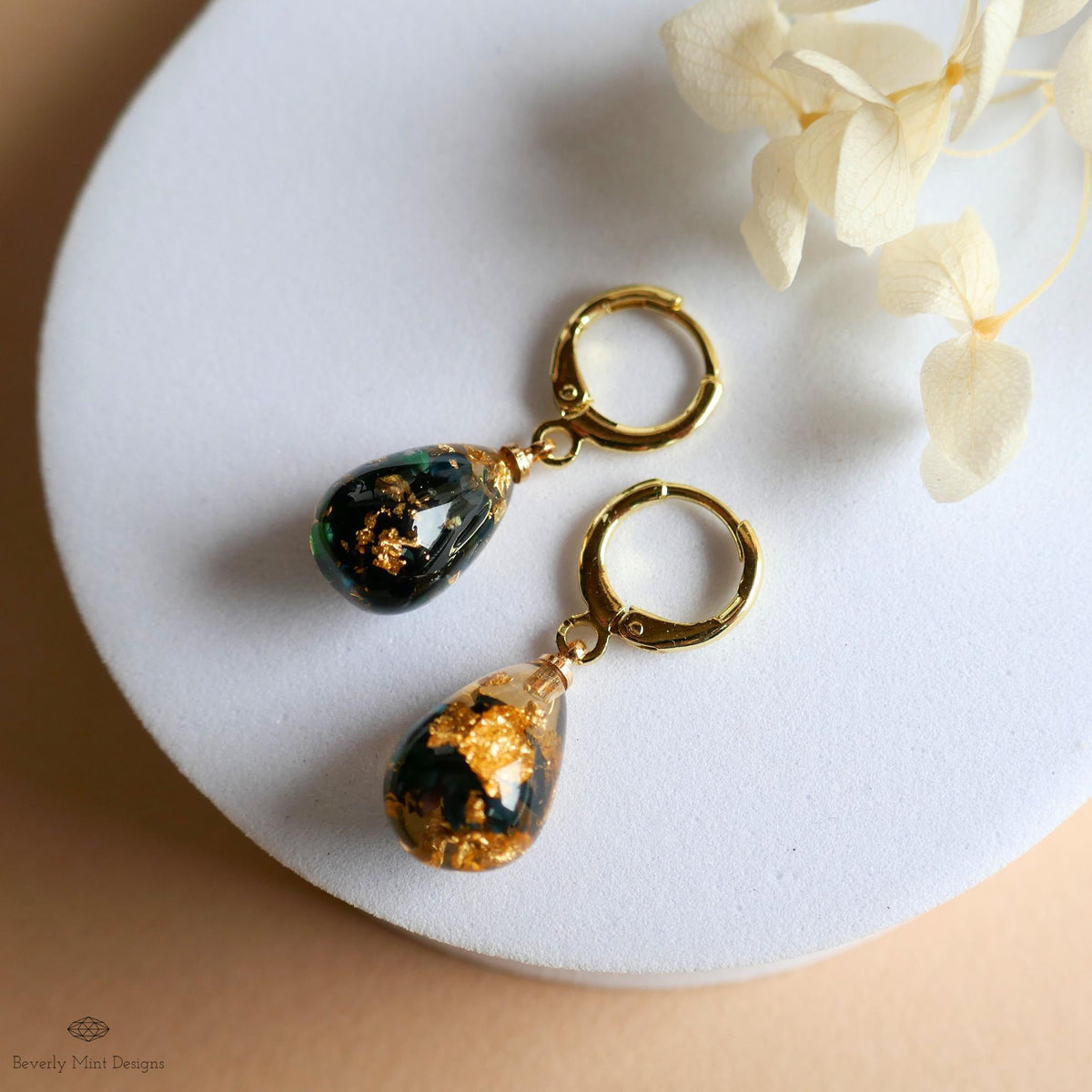Pressed Flower Resin Earrings, Black Floral Drop Earrings, Gold Flake Jewelry, Nature Inspired Jewelry, Sensitive Ear & Clip-On Options