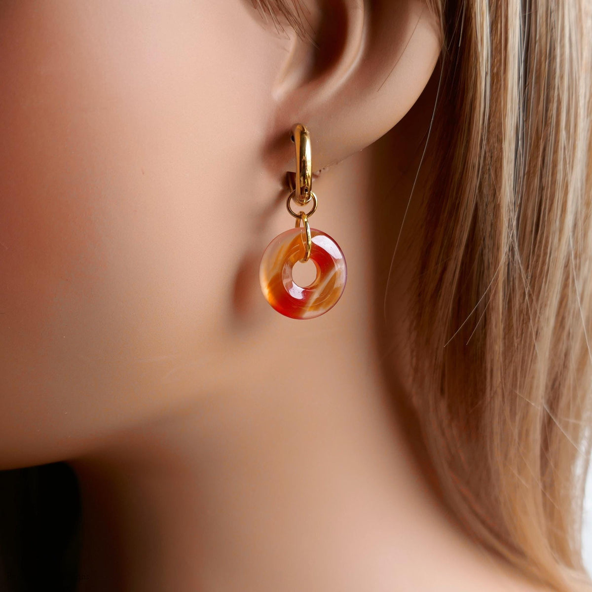 Red Agate Donut Earrings, Chunky Gold Hoops, Natural Stone Jewelry, Orange Dangle Earrings,