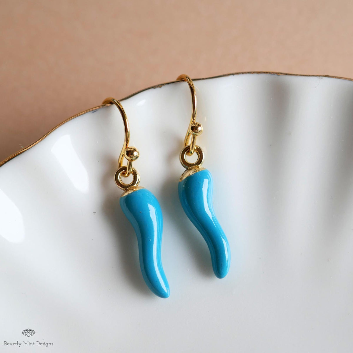 Chili Pepper Earrings, Light Blue Pepper Dangle, Gold Hook Earrings, Fun Earrings, Spicy Statement Earrings, Sensitive Ear & Clip-On Options