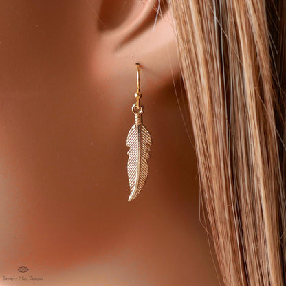 Gold Feather Earrings, Dainty Boho Dangle, Lightweight Hook Earrings, Nature Inspired Jewelry, Minimalist, Sensitive Ear & Clip-On Options