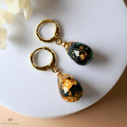 Pressed Flower Resin Earrings, Black Floral Drop Earrings, Gold Flake Jewelry, Nature Inspired Jewelry, Sensitive Ear & Clip-On Options