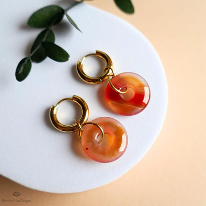 Red Agate Donut Earrings, Chunky Gold Hoops, Natural Stone Jewelry, Orange Dangle Earrings,