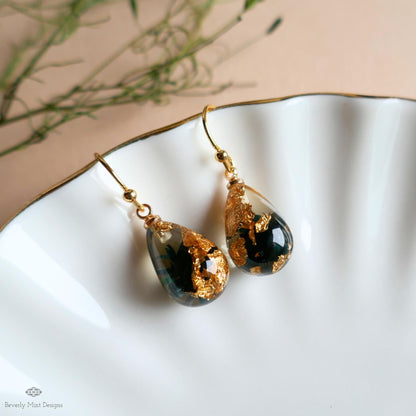 Pressed Flower Resin Earrings, Black Floral Drop Earrings, Gold Flake Jewelry, Nature Inspired Jewelry, Sensitive Ear & Clip-On Options
