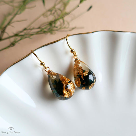 Pressed Flower Resin Earrings, Black Floral Drop Earrings, Gold Flake Jewelry, Nature Inspired Jewelry, Sensitive Ear & Clip-On Options