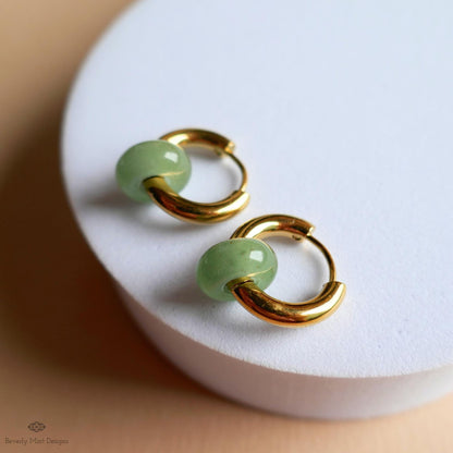 Chunky Gold Hoop Earrings with Green Aventurine Donut Charm, Modern Everyday Earrings, Natural Stone Jewelry,
