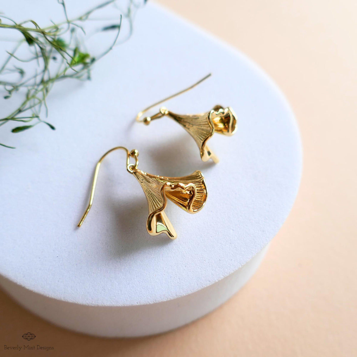 Gold Flower Earrings, Bell Bloom Dangles, Nature Inspired Jewelry, Elegant Hook Earrings, Botanical Drop, Sensitive Ear & Clip-On Options