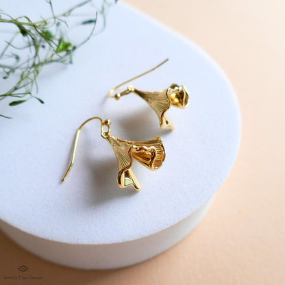 Gold Flower Earrings, Bell Bloom Dangles, Nature Inspired Jewelry, Elegant Hook Earrings, Botanical Drop, Sensitive Ear & Clip-On Options